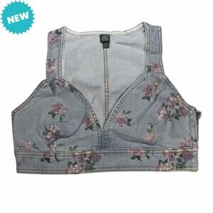 Wild Fable Denim Vest Women's Size Small Cropped Floral Sleeveless Side Zip